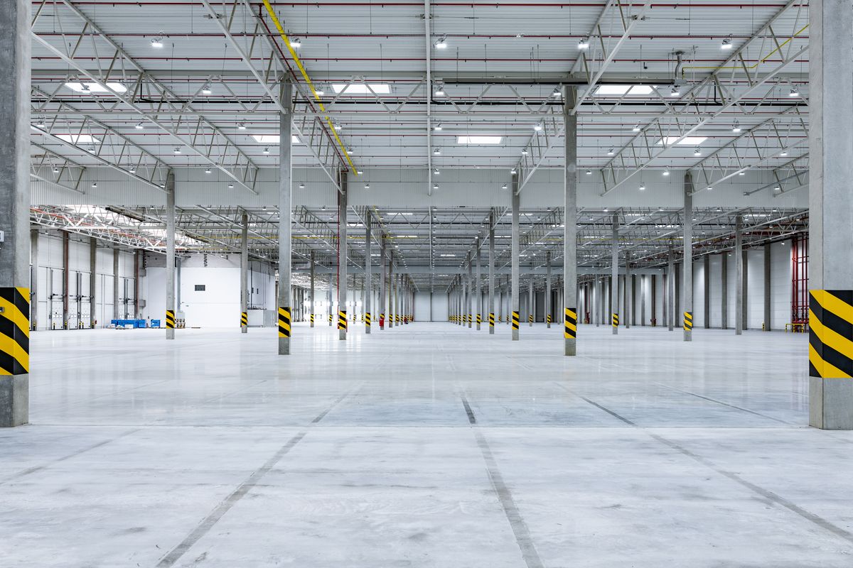An empty warehouse interior.