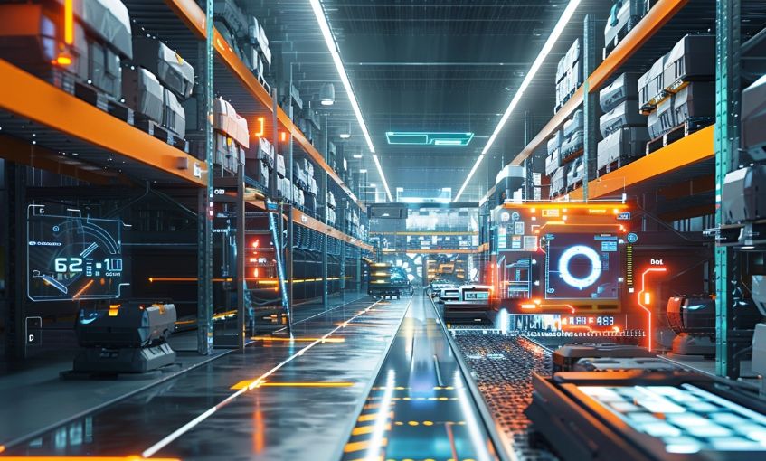 Futuristic warehouse aisle with heads-up displays and robots