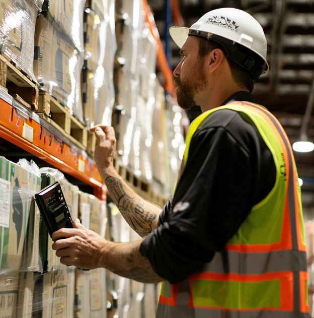 Warehouse worker completing cycle count of pallets in rack